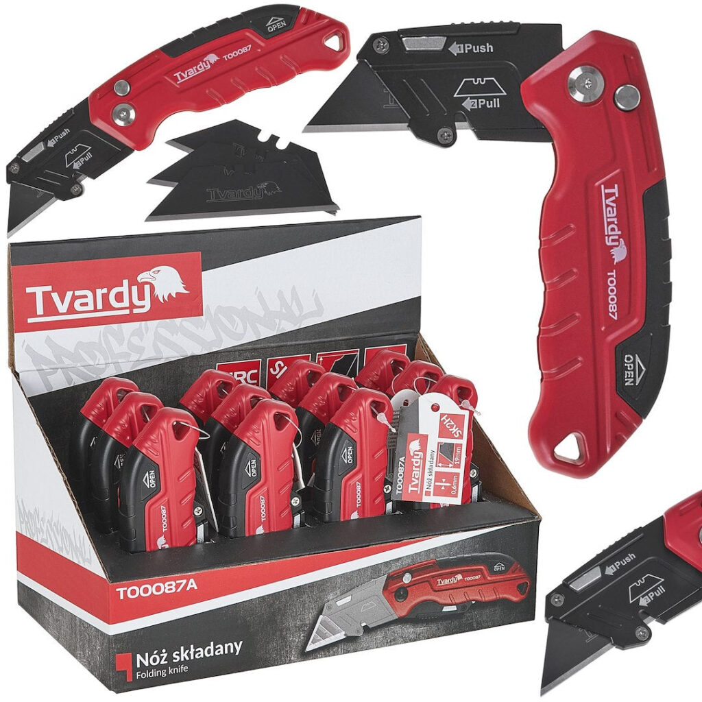 Kokkupandav nuga trapetsikujulise teraga FASTFOLD 60x19x0.6 mm SK2H TVARDY – väljapanekukarp – pakend 12 tk