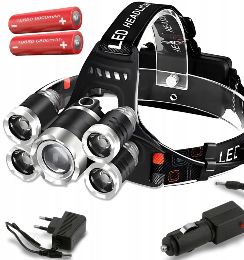 Rechargeable 5×LED Headlamp with 2×18650 Batteries and 5 Modes (Vahe)