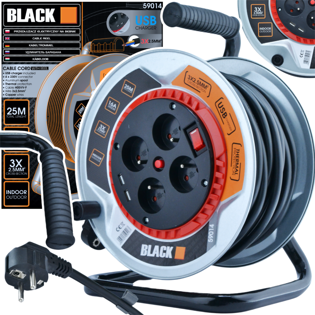 Blacktools metallraamiga kaablitrumliga pikendusjuhe 25 m, 4 pistikupesa ja 2 USB-pesa 59014