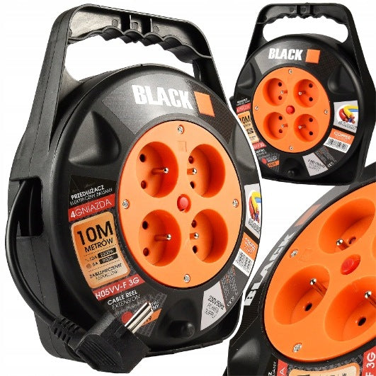 BLACK 10 m kaablirulliga pikendusjuhe, 4 pistikupesa, termokaitse 59019