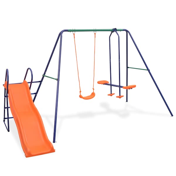 Kiigekomplekt liumäega, oranž, 297 × 193 × 180 cm, teras ja plastik – mudel 91359