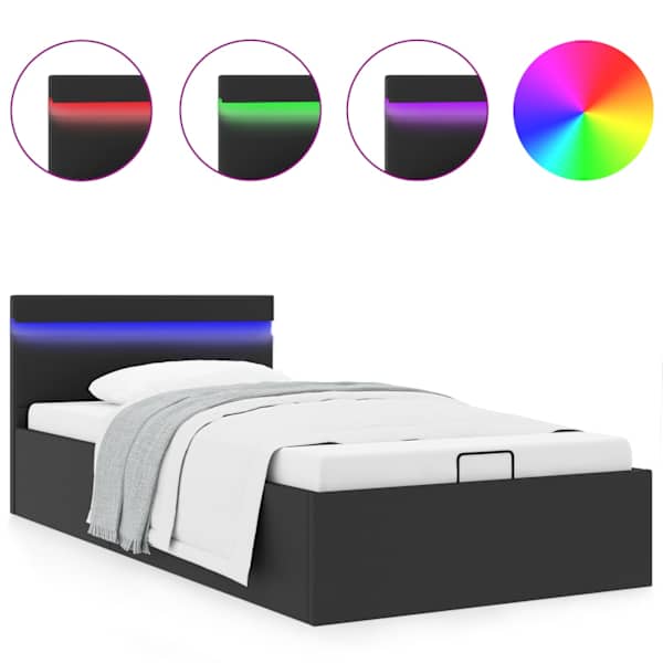 LED-valgustusega panipaigaga voodiraam, must, 90 × 200 cm, kunstnahk — mudel 285540