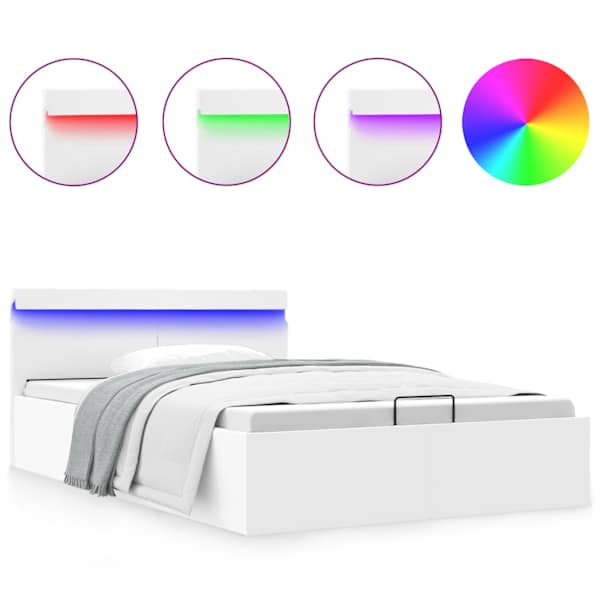 LED-valgustusega panipaigaga voodiraam, valge, 140 × 200 cm, kunstnahk — mudel 285549