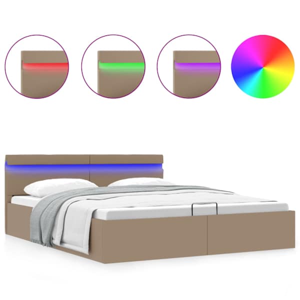 LED-valgustusega panipaigaga voodiraam, cappuccino, 180 × 200 cm, kunstnahk — mudel 285563