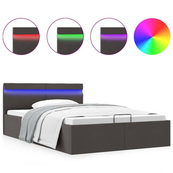 LED-valgustusega panipaigaga voodiraam, tumehall, 140 × 200 cm, kangas — mudel 285603