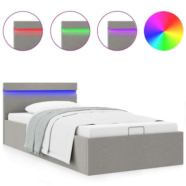 LED-valgustusega panipaigaga voodiraam, helehall, 100 × 200 cm, kangas — mudel 285607