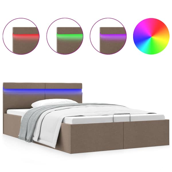 LED-valgustusega panipaigaga voodiraam, pruunikashall, 140 × 200 cm, kangas — mudel 285627