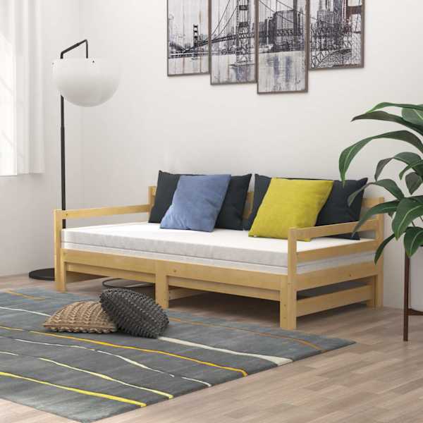 Diivanvoodi väljatõmmatava osaga koos 2 madratsiga, naturaalne, 90 × 200 cm, männipuit