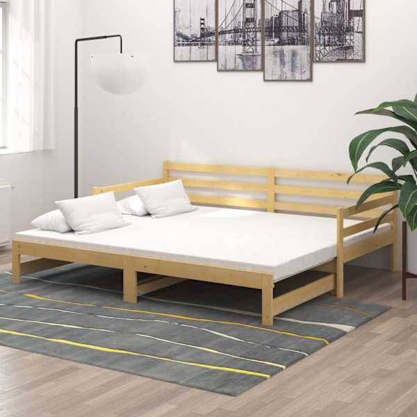 Diivanvoodi väljatõmmatava osaga koos 2 madratsiga, naturaalne, 90 × 200 cm, männipuit