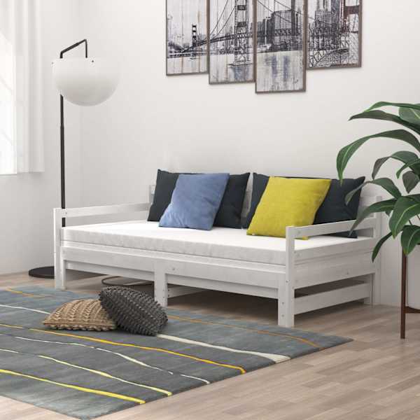 Diivanvoodi väljatõmmatava osaga koos 2 madratsiga, valge, 90 × 200 cm, männipuit