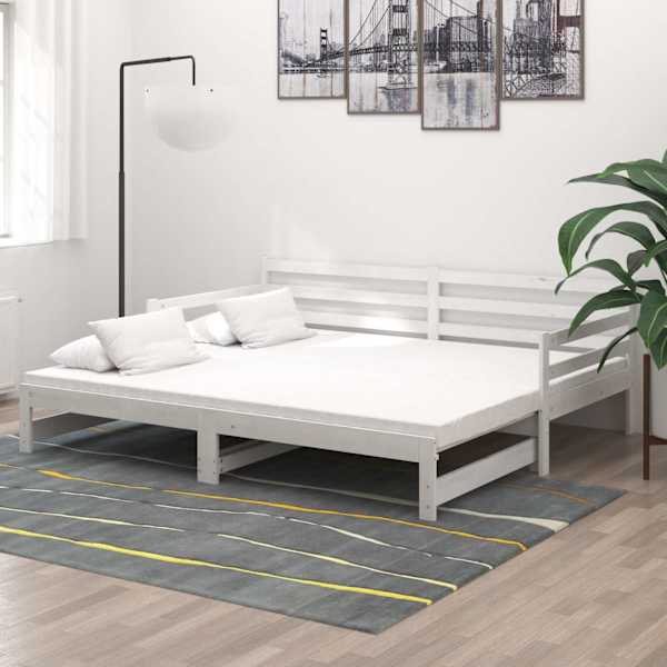 Diivanvoodi väljatõmmatava osaga koos 2 madratsiga, valge, 90 × 200 cm, männipuit