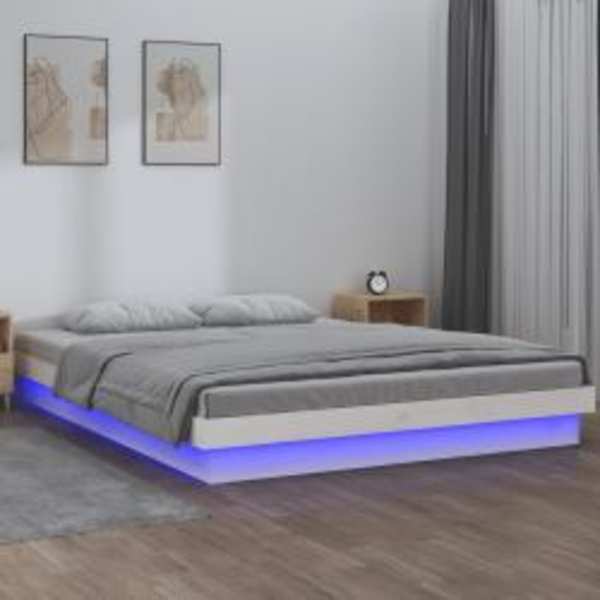 LED-valgustusega voodiraam, valge, 160 × 200 cm, männipuit — mudel 819983