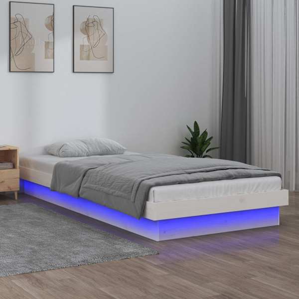 LED-valgustusega voodiraam, valge, 90 × 190 cm, männipuit — mudel 820003