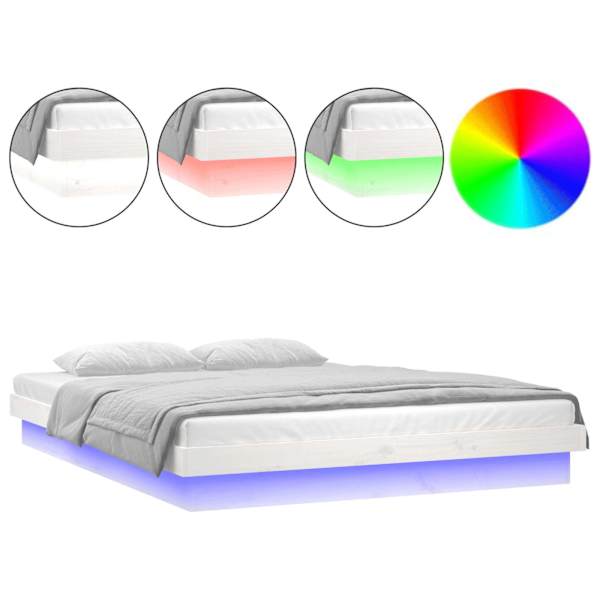 LED-valgustusega voodiraam, valge, 135 × 190 cm, männipuit — mudel 820013