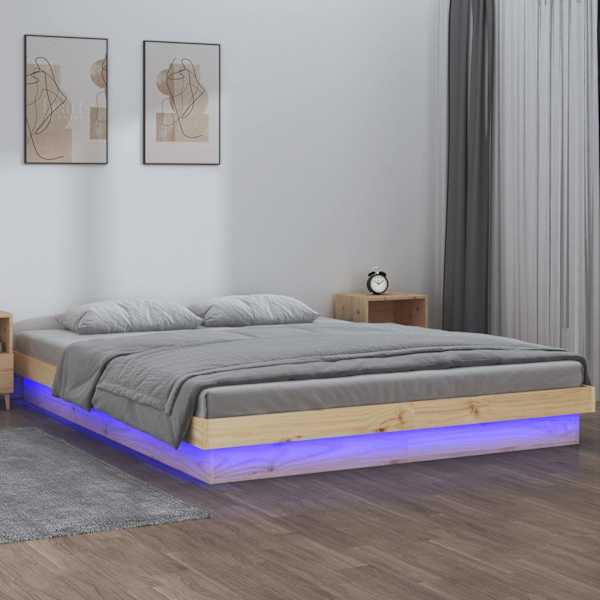 LED-valgustusega voodiraam, 140 × 190 cm, männipuit — mudel 820017