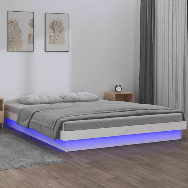 LED-valgustusega voodiraam, valge, 140 × 190 cm, männipuit — mudel 820018