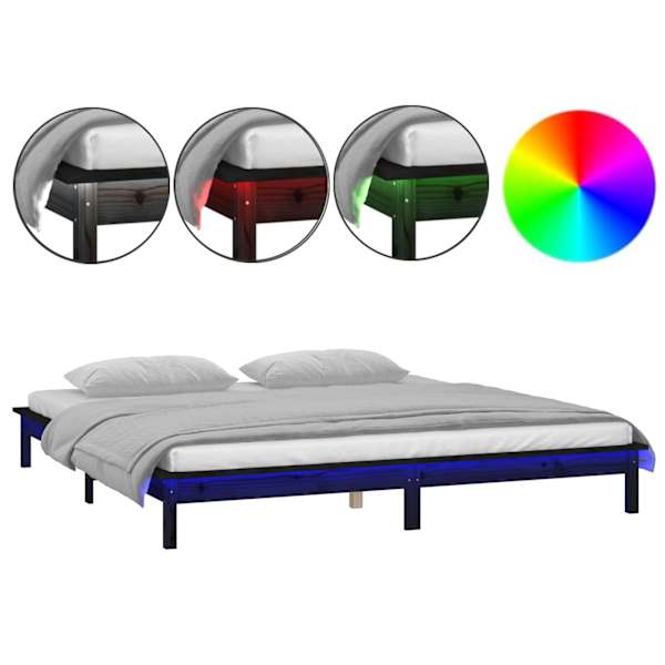 LED-valgustusega voodiraam, must, 140 × 190 cm, männipuit — mudel 820655