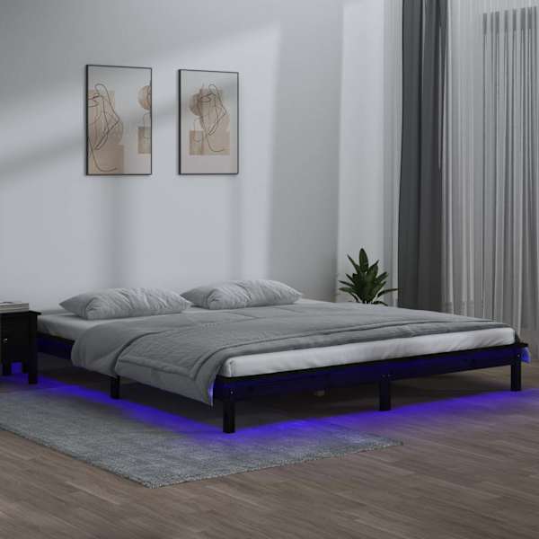 LED-valgustusega voodiraam, must, 140 × 190 cm, männipuit — mudel 820655
