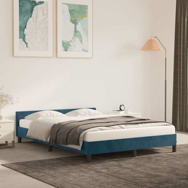 Voodiraam, tumesinine, 140 × 190 cm, samet — mudel 347571