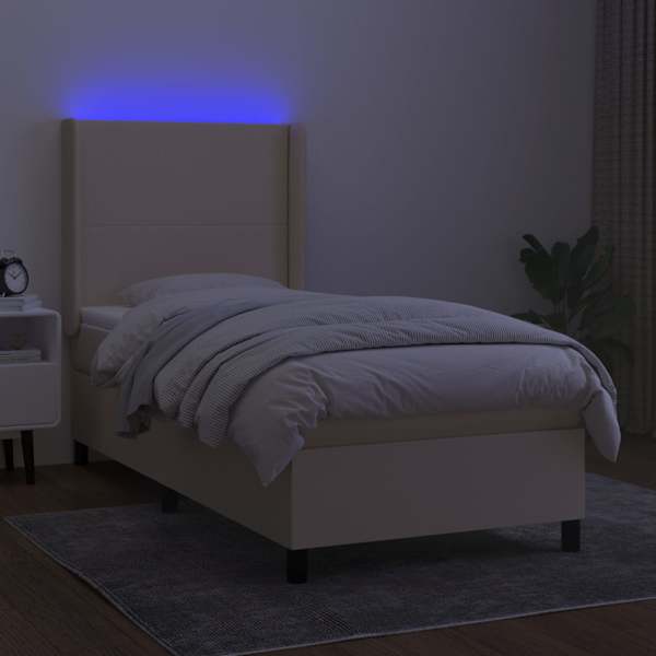 LED-valgustusega kontinentaalvoodi koos madratsiga, kreemjasvalge, 90 × 190 cm, kangas — mudel 3138122
