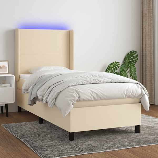 LED-valgustusega kontinentaalvoodi koos madratsiga, kreemjasvalge, 90 × 190 cm, kangas — mudel 3138122