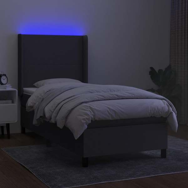LED-valgustusega kontinentaalvoodi koos madratsiga, tumehall, 90 × 200 cm, kangas — mudel 3138126