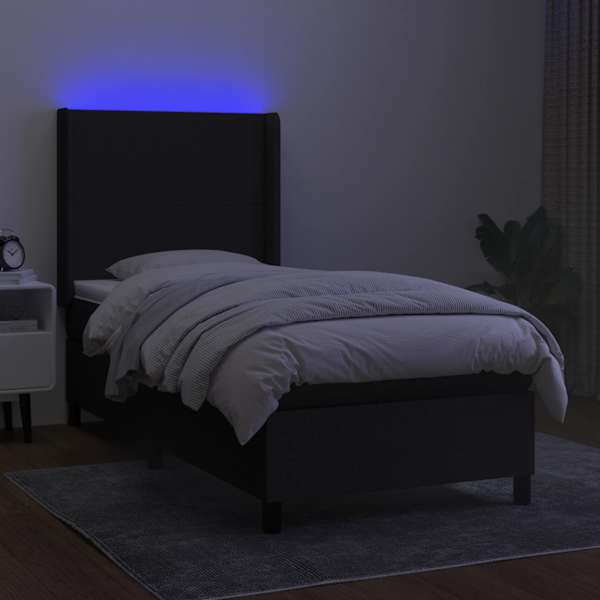 LED-valgustusega kontinentaalvoodi koos madratsiga, must, 100 × 200 cm, kangas — mudel 3138135