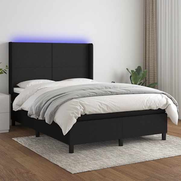 LED-valgustusega kontinentaalvoodi koos madratsiga, must, 140 × 190 cm, kangas — mudel 3138151
