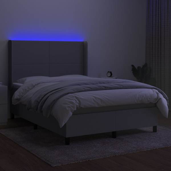 LED-valgustusega kontinentaalvoodi koos madratsiga, helehall, 140 × 200 cm, kangas — mudel 3138157