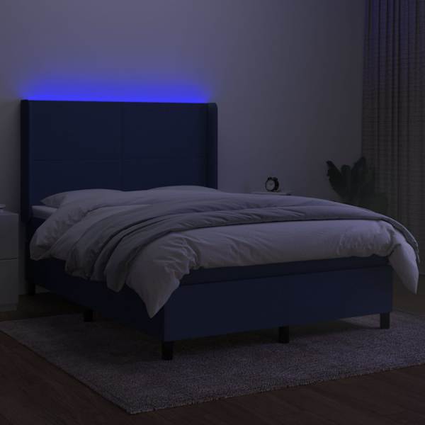 LED-valgustusega kontinentaalvoodi koos madratsiga, sinine, 140 × 200 cm, kangas — mudel 3138163