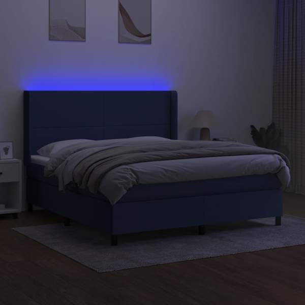 LED-valgustusega kontinentaalvoodi koos madratsiga, sinine, 180 × 200 cm, kangas — mudel 3138179
