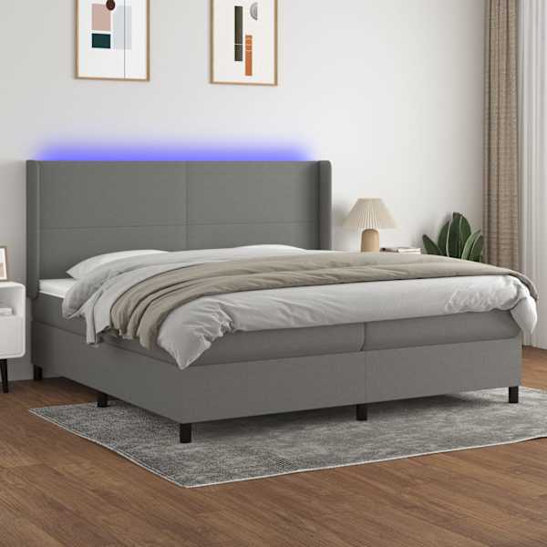 LED-valgustusega kontinentaalvoodi koos 2 madratsiga, tumehall, 200 × 200 cm, kangas — mudel 3138182