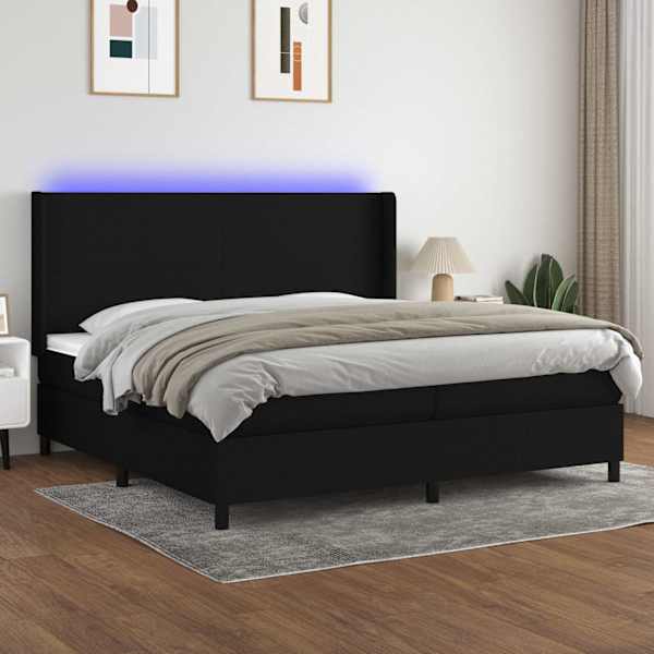 LED-valgustusega kontinentaalvoodi koos 2 madratsiga, must, 200 × 200 cm, kangas — mudel 3138183