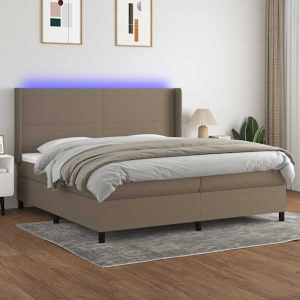 LED-valgustusega kontinentaalvoodi koos 2 madratsiga, pruunikashall, 200 × 200 cm, kangas — mudel 3138185