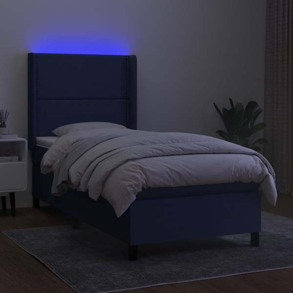 LED-valgustusega kontinentaalvoodi koos madratsiga, sinine, 90 × 200 cm, kangas — mudel 3138211