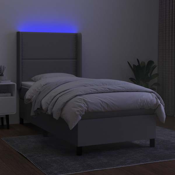 LED-valgustusega kontinentaalvoodi koos madratsiga, helehall, 100 × 200 cm, kangas — mudel 3138213