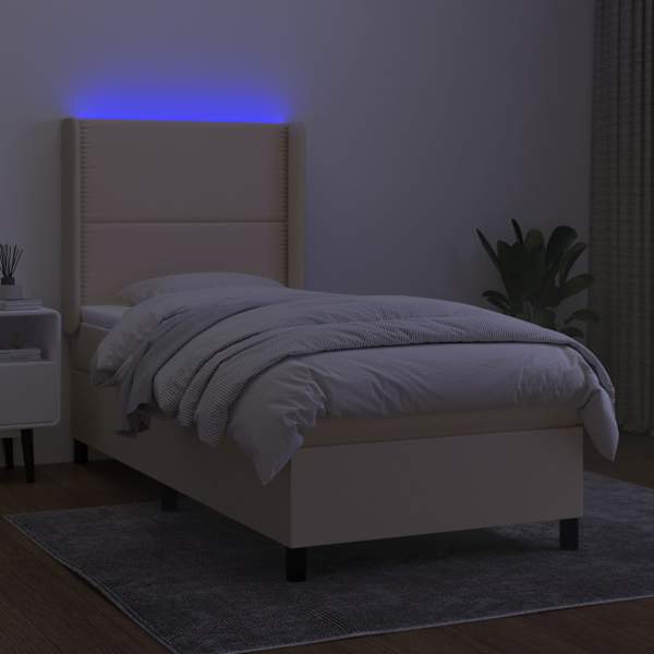 LED-valgustusega kontinentaalvoodi koos madratsiga, kreemjasvalge, 100 × 200 cm, kangas — mudel 3138218