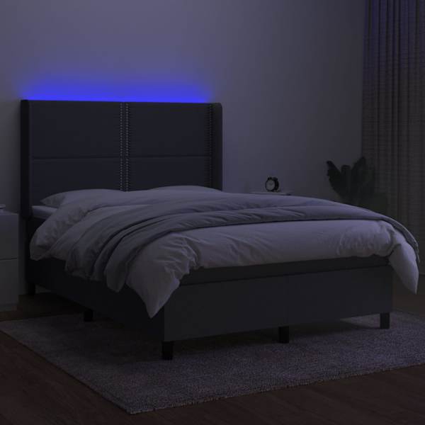 LED-valgustusega kontinentaalvoodi koos madratsiga, tumehall, 140 × 190 cm, kangas — mudel 3138230