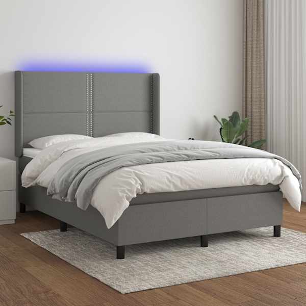 LED-valgustusega kontinentaalvoodi koos madratsiga, tumehall, 140 × 190 cm, kangas — mudel 3138230