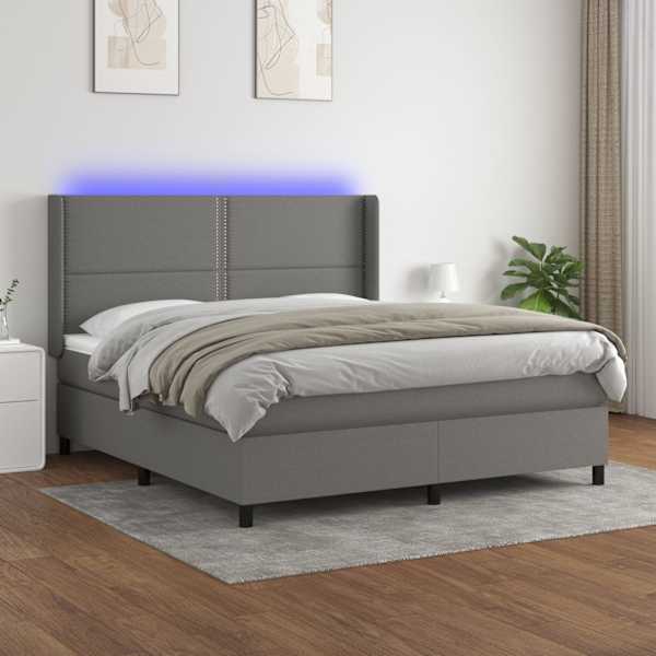 LED-valgustusega kontinentaalvoodi koos madratsiga, tumehall, 180 × 200 cm, kangas — mudel 3138254