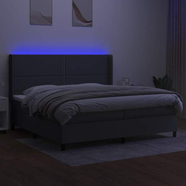 LED-valgustusega kontinentaalvoodi koos 2 madratsiga, tumehall, 200 × 200 cm, kangas — mudel 3138262