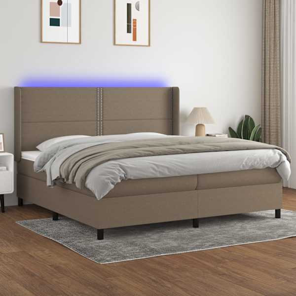 LED-valgustusega kontinentaalvoodi koos 2 madratsiga, pruunikashall, 200 × 200 cm, kangas — mudel 3138265