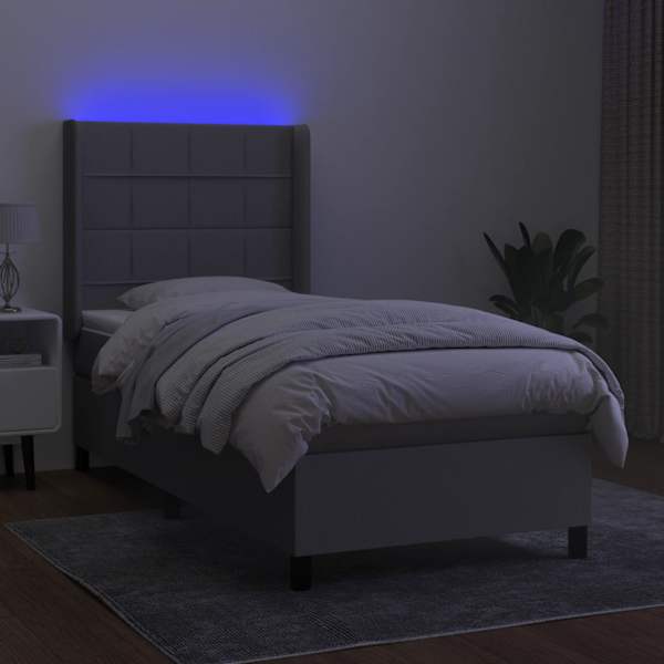 LED-valgustusega kontinentaalvoodi koos madratsiga, helehall, 100 × 200 cm, kangas — mudel 3138293