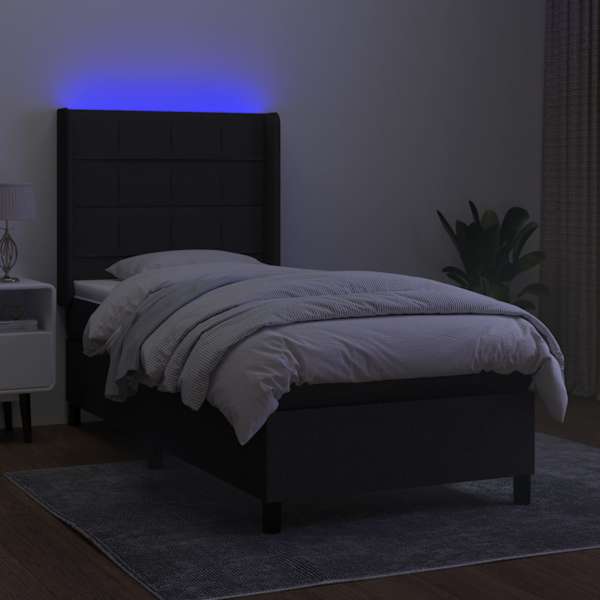 LED-valgustusega kontinentaalvoodi koos madratsiga, must, 100 × 200 cm, kangas — mudel 3138295