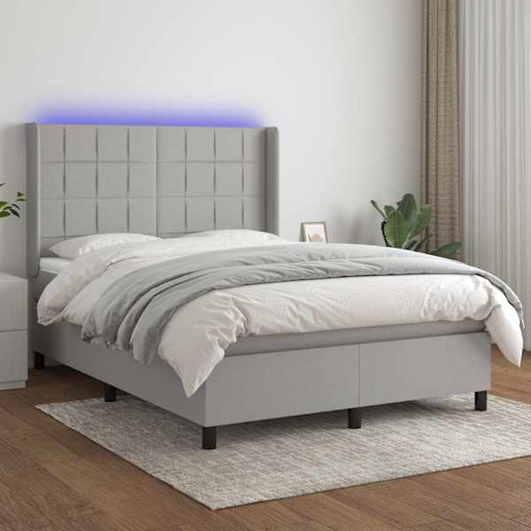 LED-valgustusega kontinentaalvoodi koos madratsiga, helehall, 140 × 190 cm, kangas — mudel 3138309