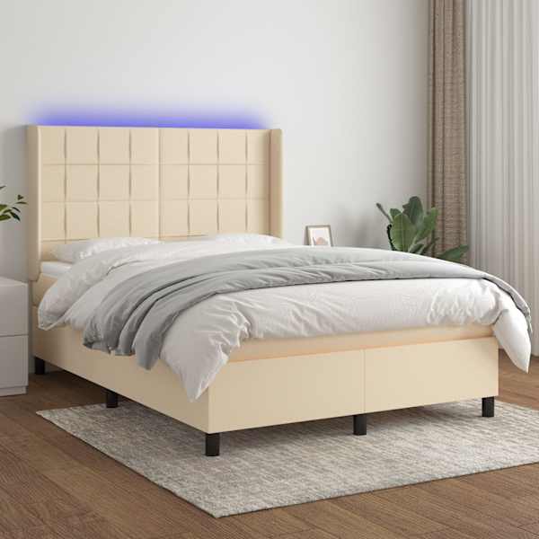 LED-valgustusega kontinentaalvoodi koos madratsiga, kreemjasvalge, 140 × 200 cm, kangas — mudel 3138322