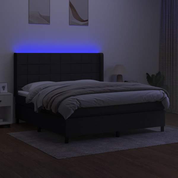 LED-valgustusega kontinentaalvoodi koos madratsiga, must, 180 × 200 cm, kangas — mudel 3138335