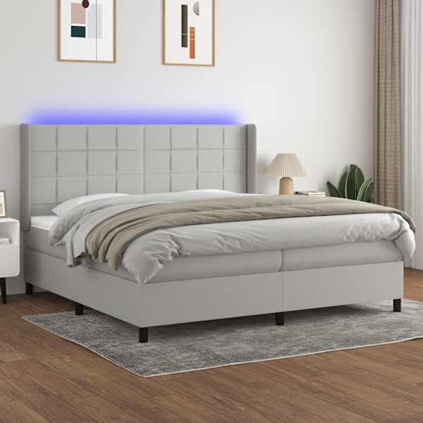 LED-valgustusega kontinentaalvoodi koos 2 madratsiga, helehall, 200 × 200 cm, kangas — mudel 3138341