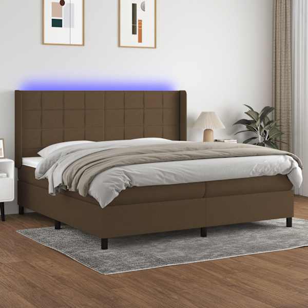 LED-valgustusega kontinentaalvoodi koos 2 madratsiga, tumepruun, 200 × 200 cm, kangas — mudel 3138344