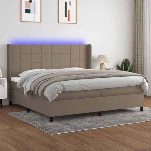 LED-valgustusega kontinentaalvoodi koos 2 madratsiga, pruunikashall, 200 × 200 cm, kangas — mudel 3138345